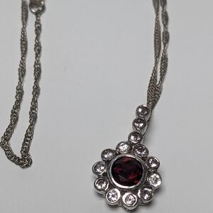 🆕 Sterling Silver Garnet & White Topaz Pendant on 18" Chain Rhodium Plated